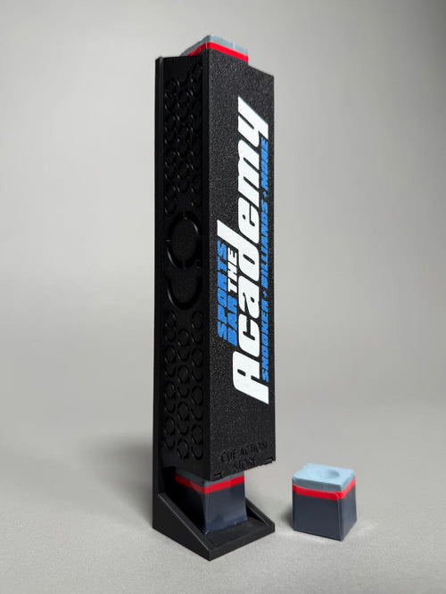 Black chalk dispenser with chalks with snooker academy logo by Cue Action