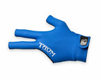 Blue three-finger pool glove with 'TAOM' branding on a white background