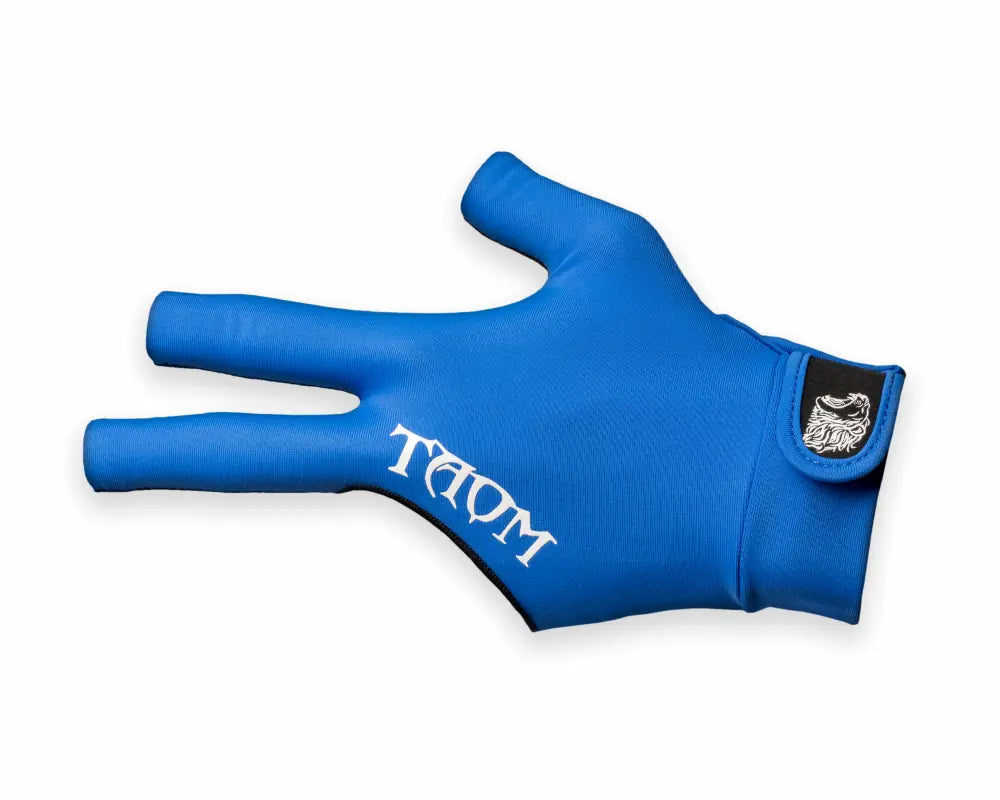Blue three-finger pool glove with 'TAOM' branding on a white background