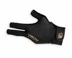Black three-finger pool glove with gold logo on a white background