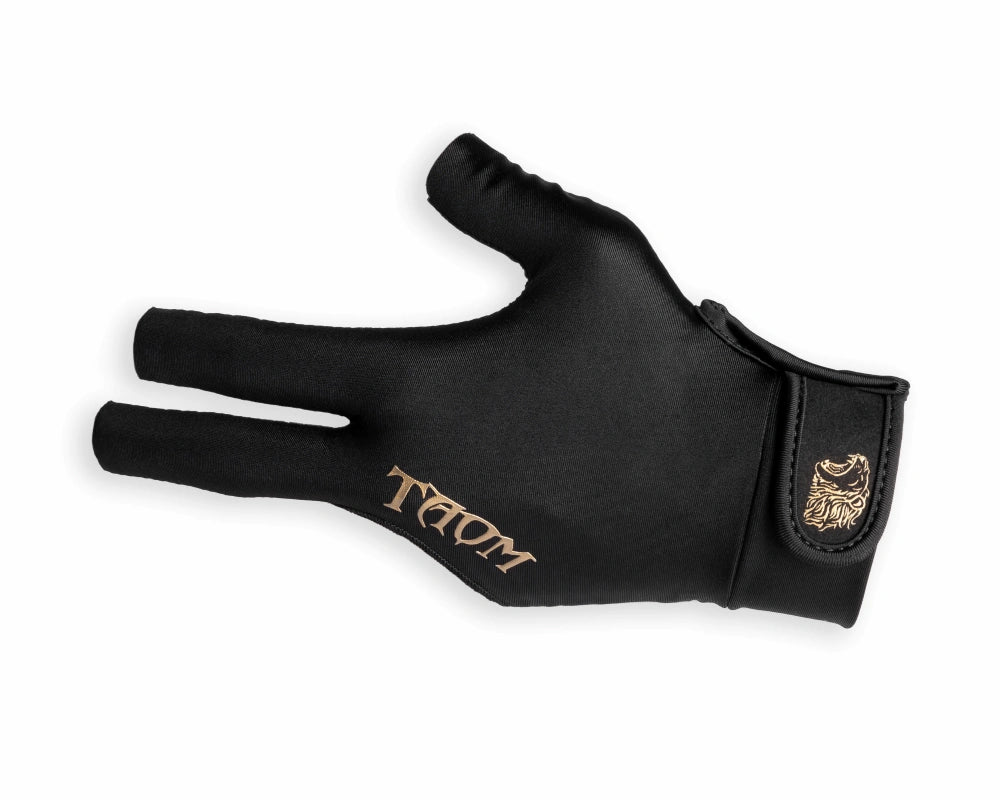 Black three-finger pool glove with gold logo on a white background