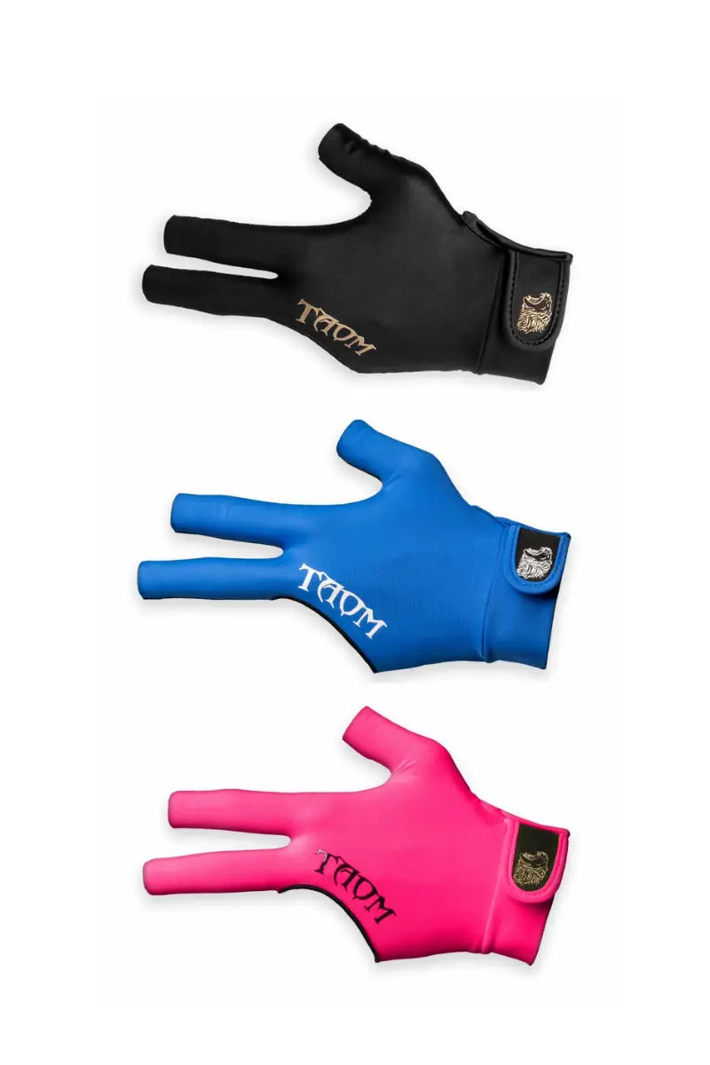 Three gloves in black, blue, and pink with 'Taom' branding on a white background.
